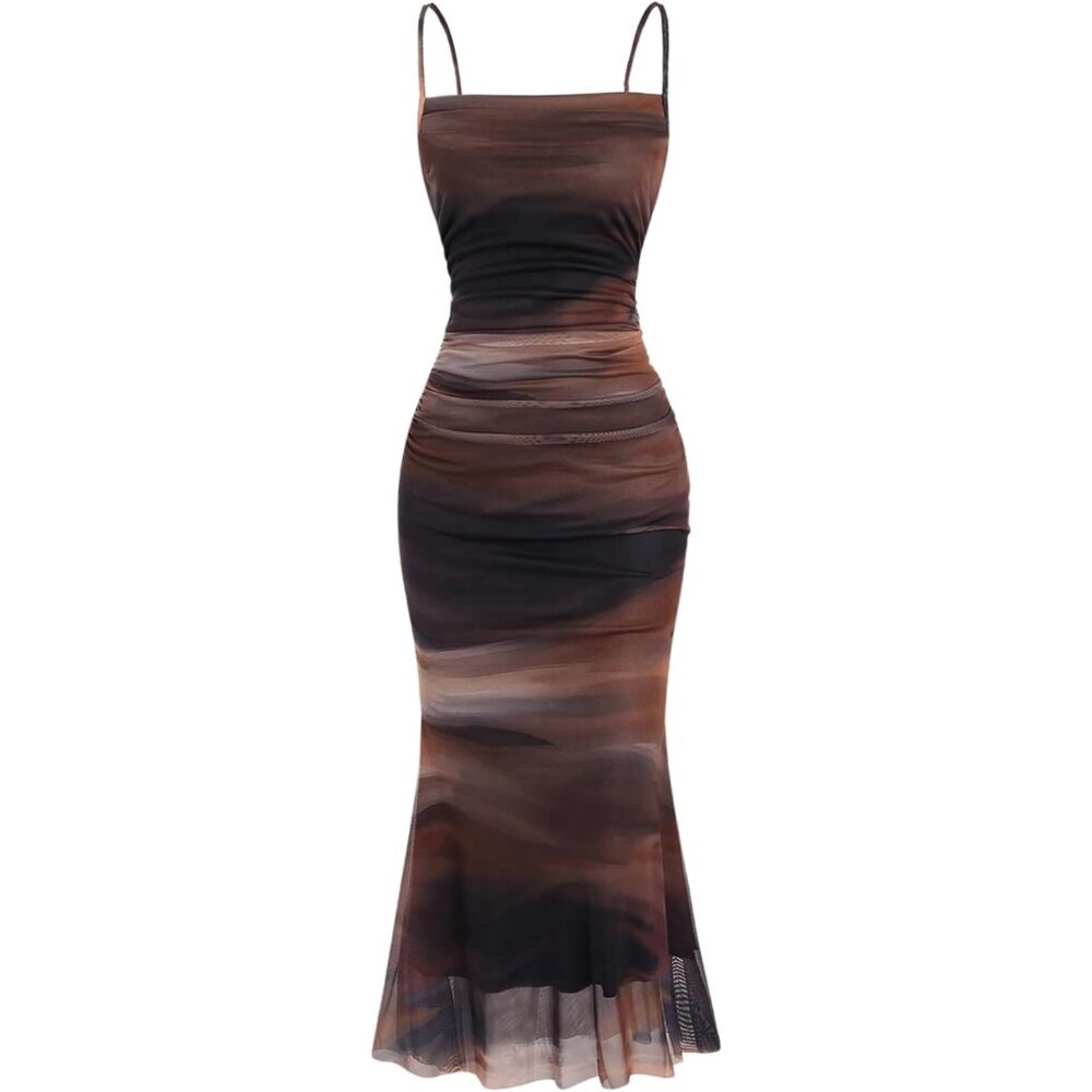 Women's Tie Dye Ruched Sleeveless Maxi Dress Soft Stretchy Clubwear